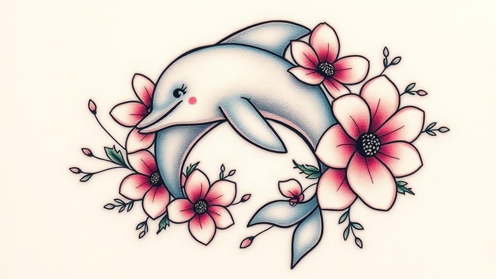 adorable dolphin surrounded by flowers