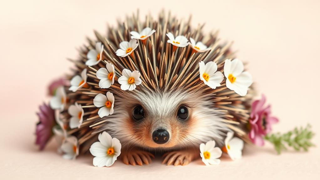 adorable hedgehog surrounded by blooms