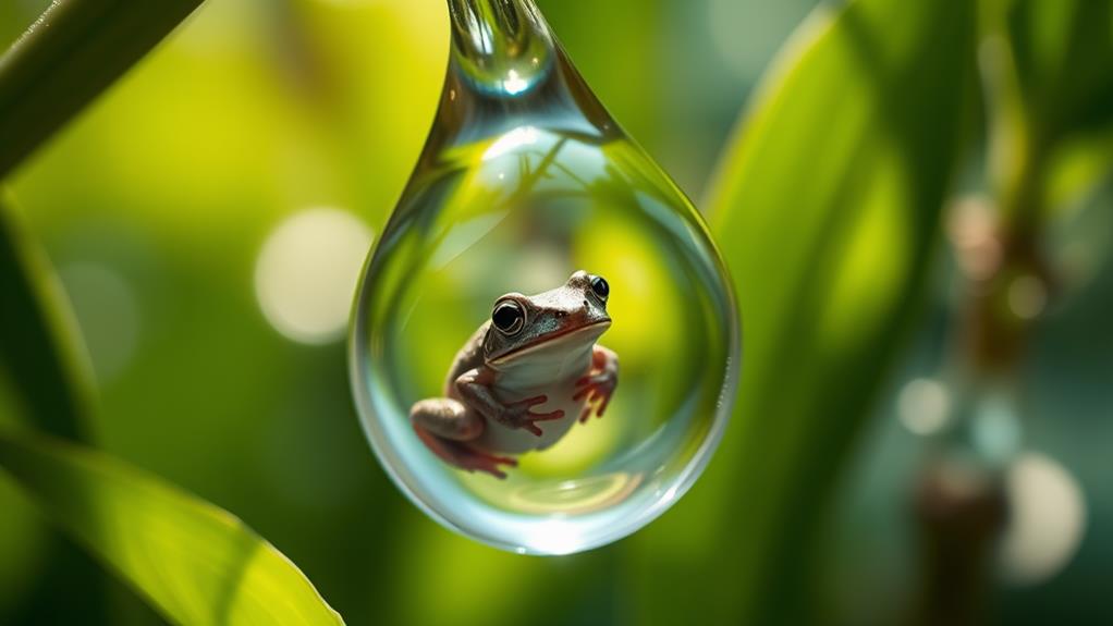 frog nestled in raindrop