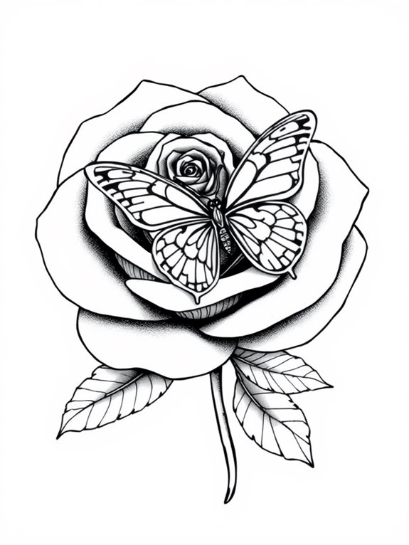 blooming rose fluttering butterfly
