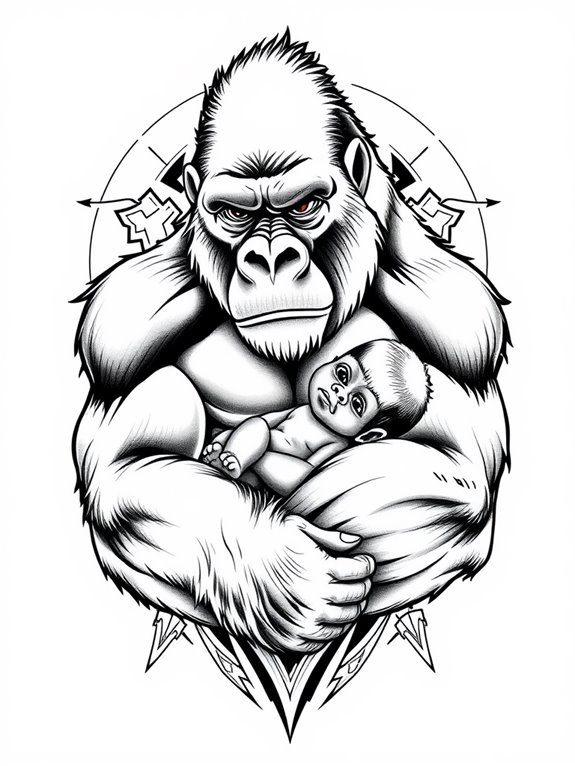 gorilla nurturing its infant