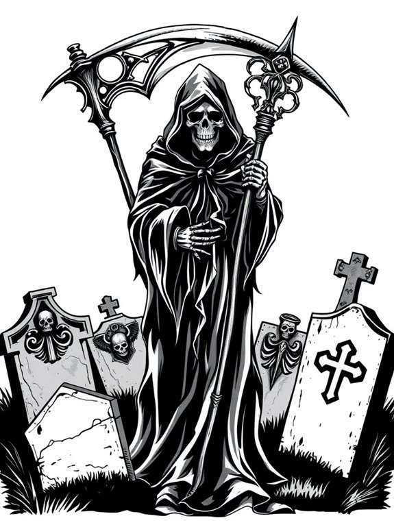 mysterious figure amidst tombstones