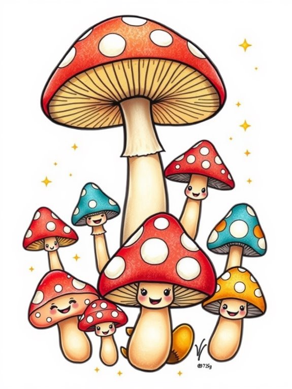 smiling cartoon mushrooms playfully