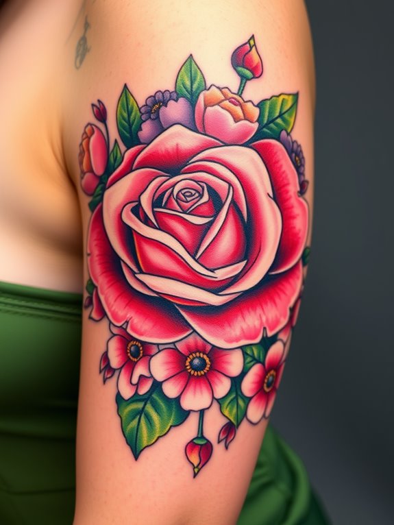 vibrant floral bicep tattoo