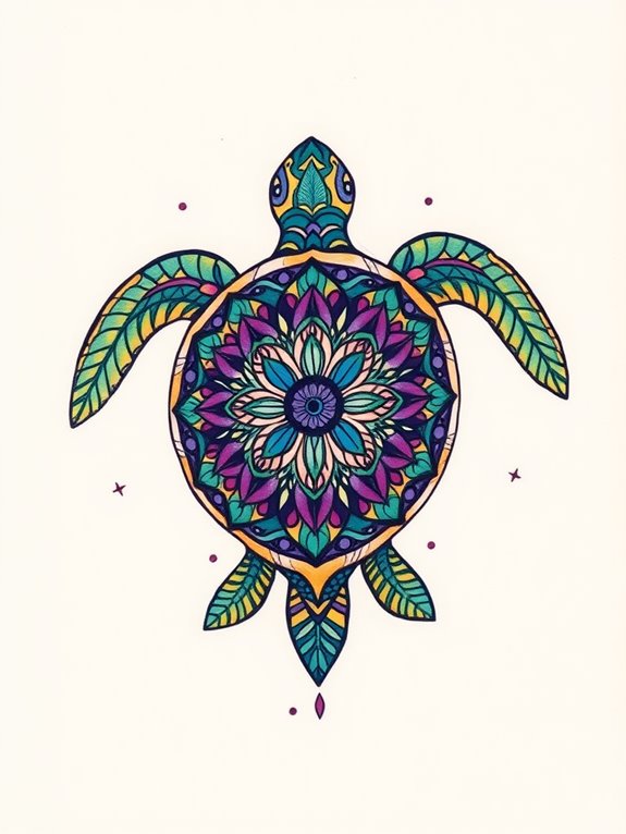 vibrant turtle with mandalas