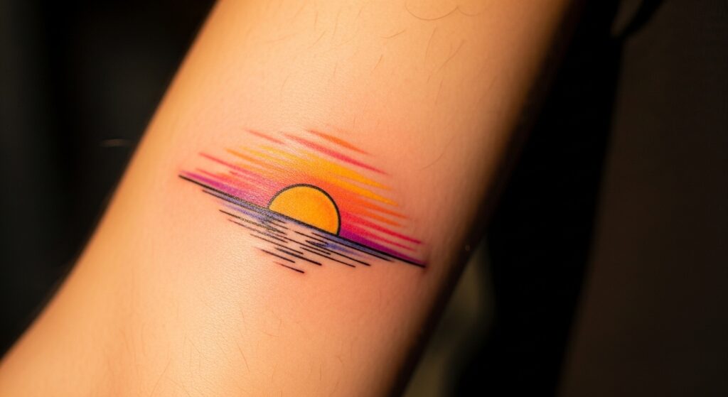 22 Gorgeous Sunset Tattoos With Color That Still Look Minimal